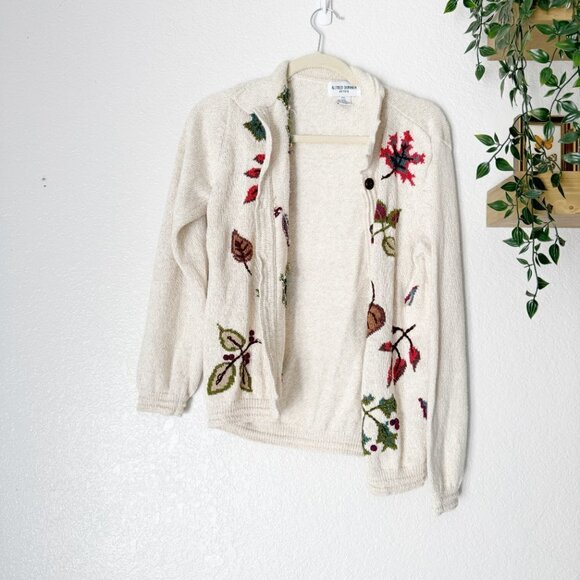 ☀️ VINTAGE ALFRED DUNNER Embroidered Floral Cardigan Cream Knit Sweater Small - Picture 1 of 3